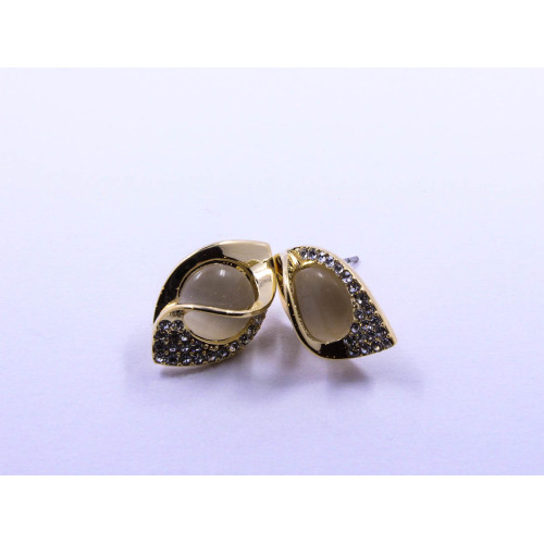 Eye-Shape Earrings with White Cabochon and Stones, in Plated Yellow-Gold