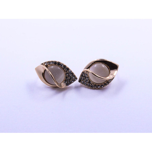 Eye-Shape Earrings with White Cabochon and Stones, in Plated Rose-Gold