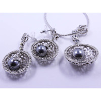 Art-Deco Style Black Pearl Pendant and Earrings Set