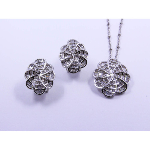 Flower Pendant and Earrings Set with Baguette-Style White Stones