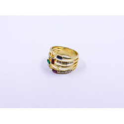Yellow-Gold Plated Cocktail Ring with Staggered Lines and Multi-Color Stones